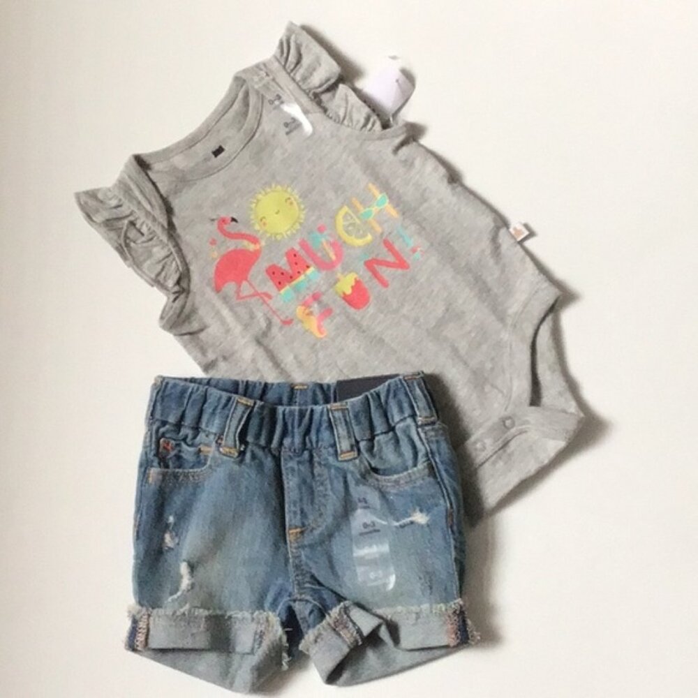 Two Piece Set -Flamingo Bodysuit and Demin Shorts